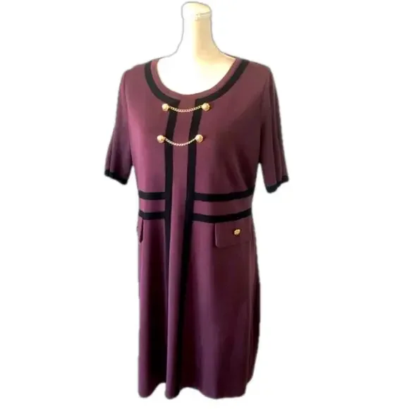 Ming Wang button detail contrast trim soft knit dress  burgundy black size M - Picture 3 of 14